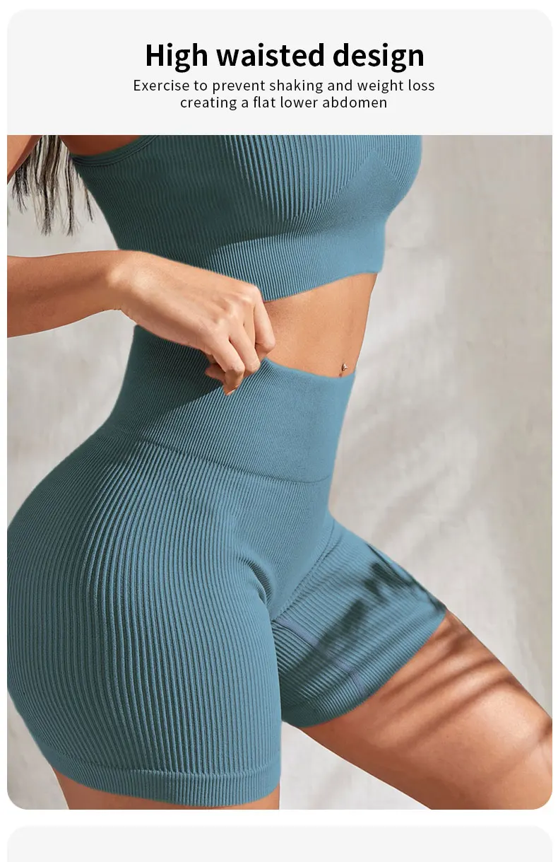 Seamless Ribbed Yoga Sets Workout Sets for Women 2 Pieces Gym Suits Ribbed Crop Tank High Waist Shorts Outfits Fitness Running - Image 12