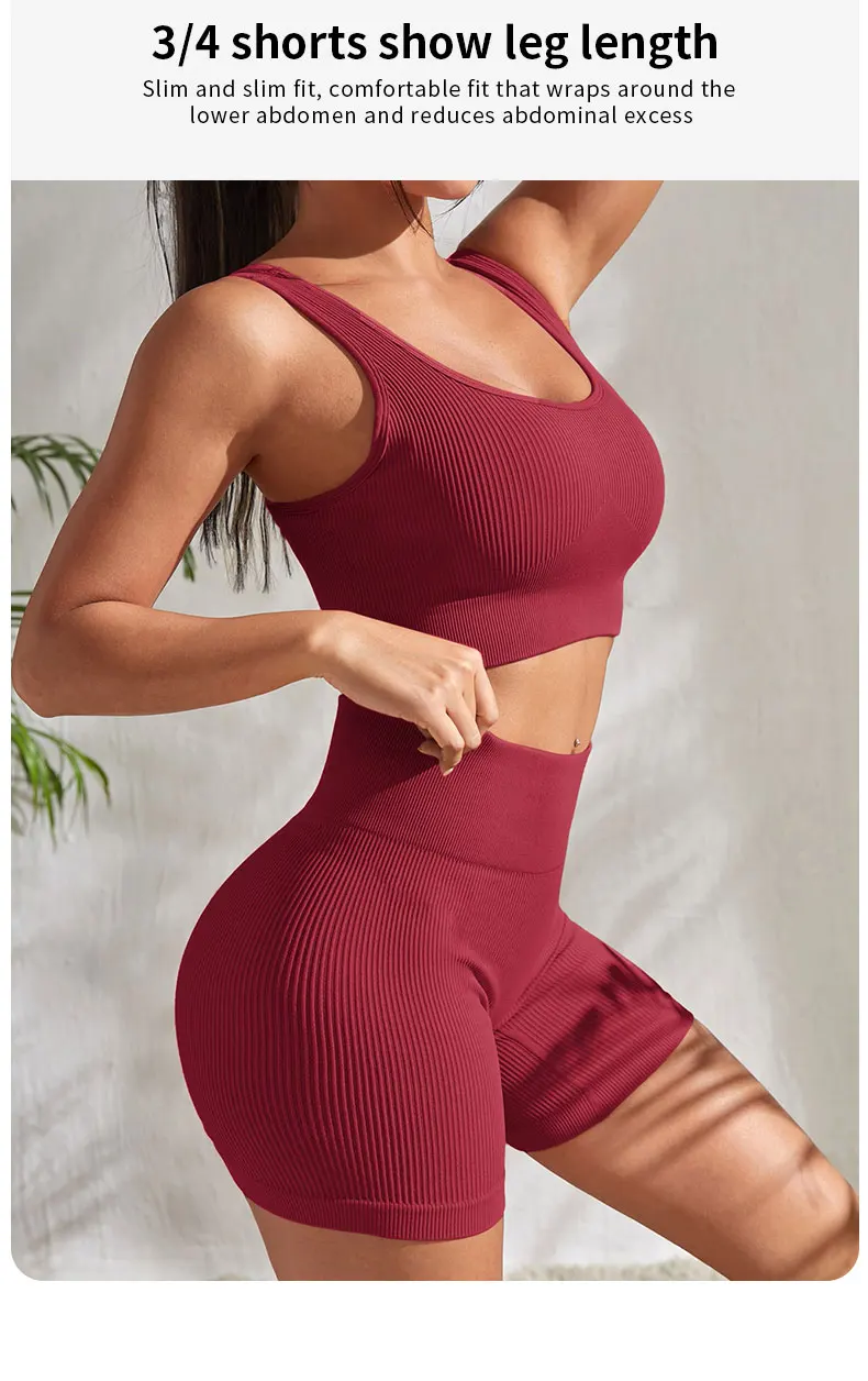 Seamless Ribbed Yoga Sets Workout Sets for Women 2 Pieces Gym Suits Ribbed Crop Tank High Waist Shorts Outfits Fitness Running - Image 13