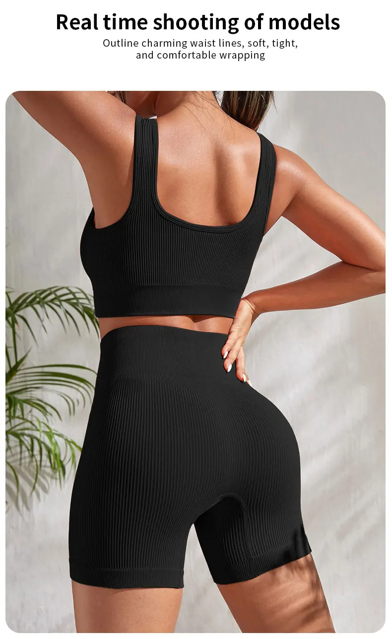 Seamless Ribbed Yoga Sets Workout Sets for Women 2 Pieces Gym Suits Ribbed Crop Tank High Waist Shorts Outfits Fitness Running - Image 14