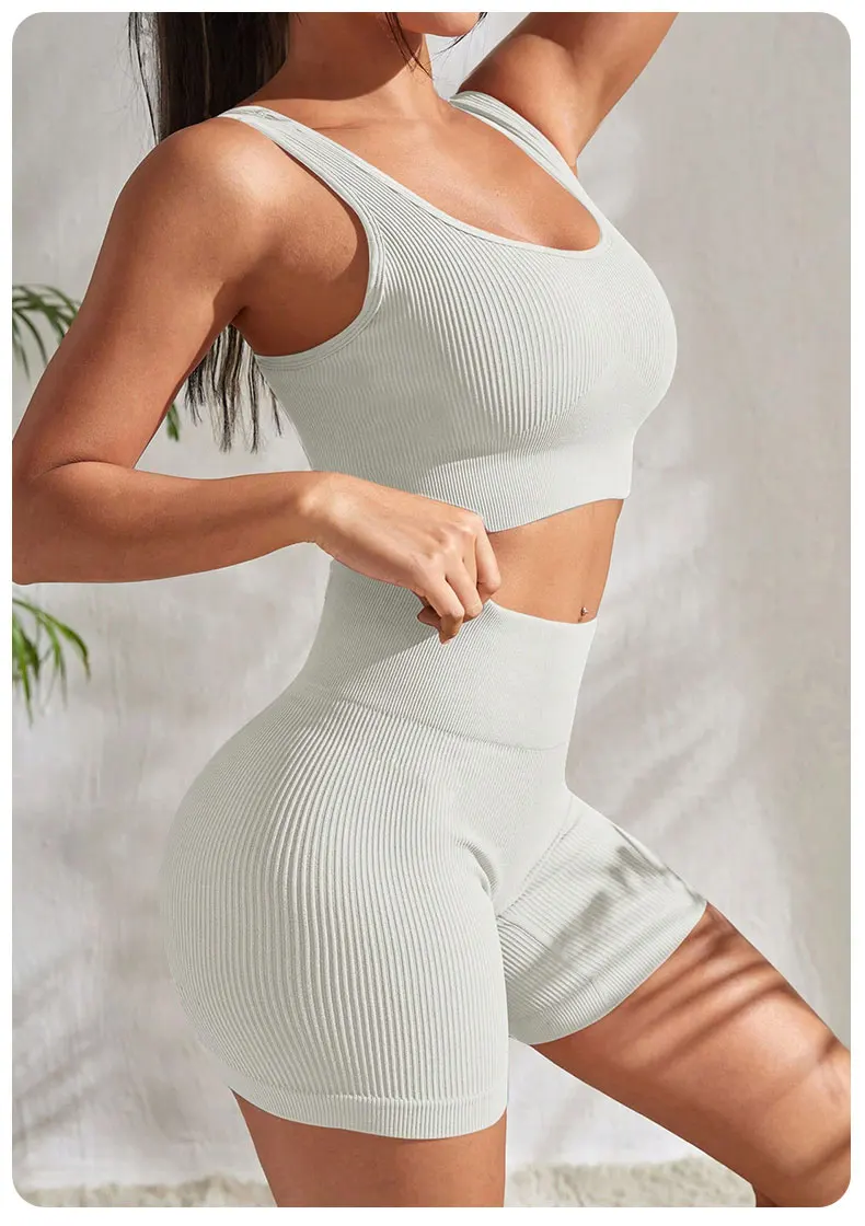 Seamless Ribbed Yoga Sets Workout Sets for Women 2 Pieces Gym Suits Ribbed Crop Tank High Waist Shorts Outfits Fitness Running - Image 15