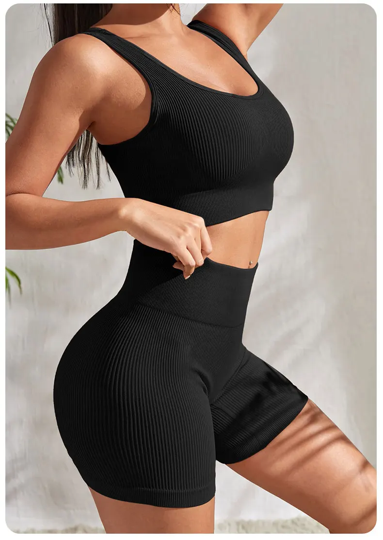 Seamless Ribbed Yoga Sets Workout Sets for Women 2 Pieces Gym Suits Ribbed Crop Tank High Waist Shorts Outfits Fitness Running - Image 16