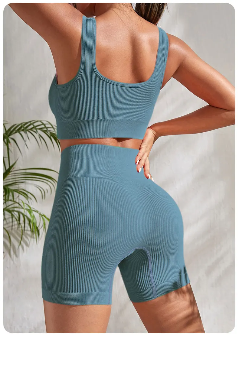 Seamless Ribbed Yoga Sets Workout Sets for Women 2 Pieces Gym Suits Ribbed Crop Tank High Waist Shorts Outfits Fitness Running - Image 17