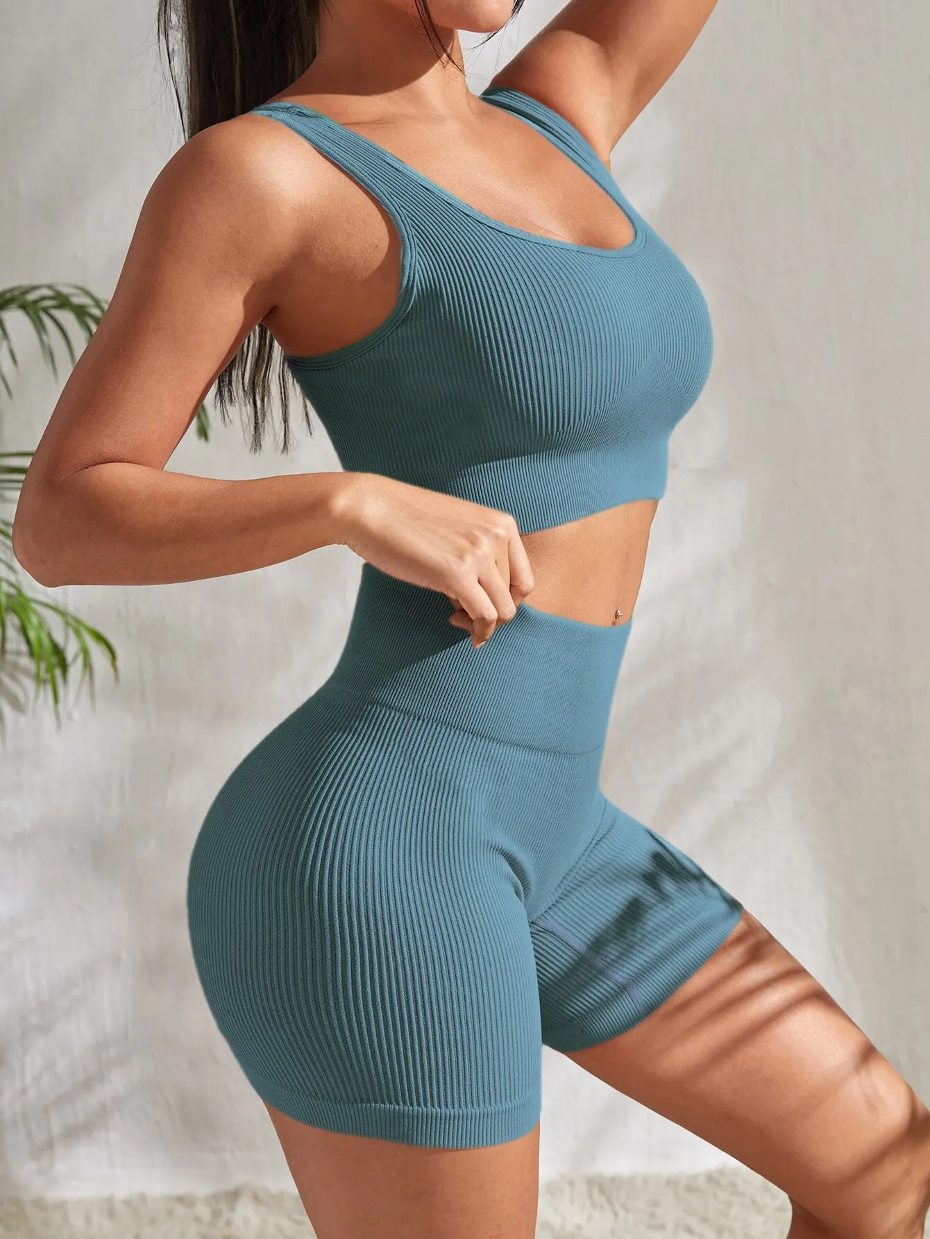 Seamless Ribbed Yoga Sets Workout Sets for Women 2 Pieces Gym Suits Ribbed Crop Tank High Waist Shorts Outfits Fitness Running - Image 18
