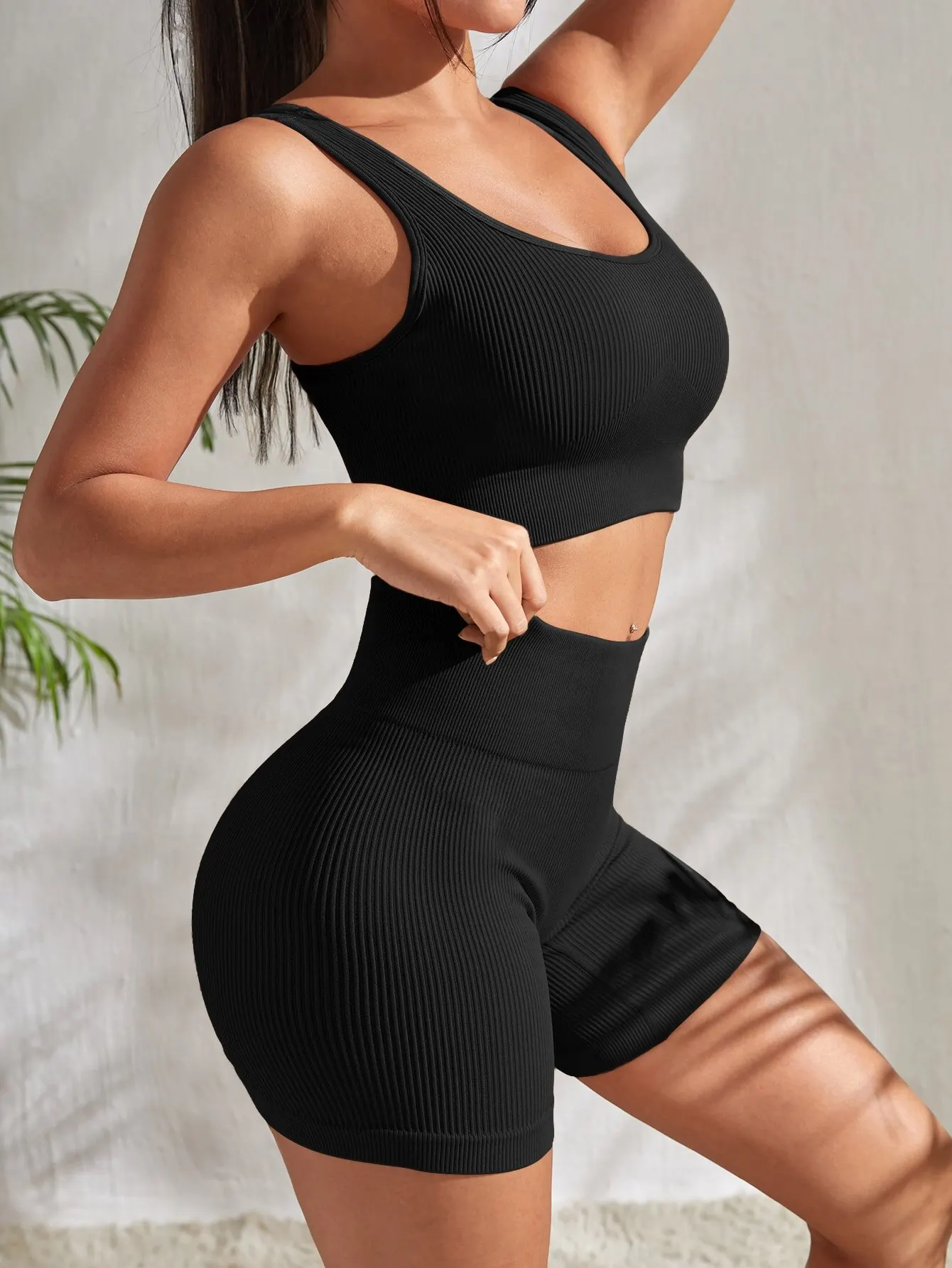 Seamless Ribbed Yoga Sets Workout Sets for Women 2 Pieces Gym Suits Ribbed Crop Tank High Waist Shorts Outfits Fitness Running - Image 19