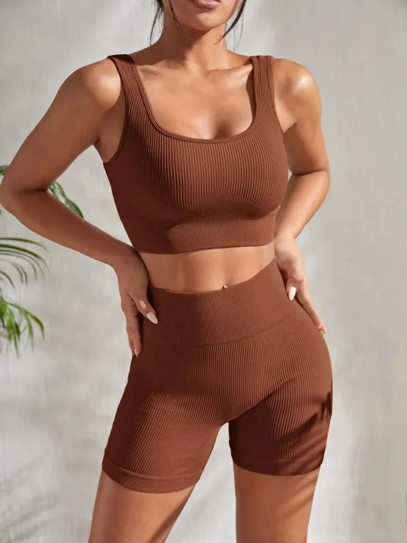 Seamless Ribbed Yoga Sets Workout Sets for Women 2 Pieces Gym Suits Ribbed Crop Tank High Waist Shorts Outfits Fitness Running - Image 24