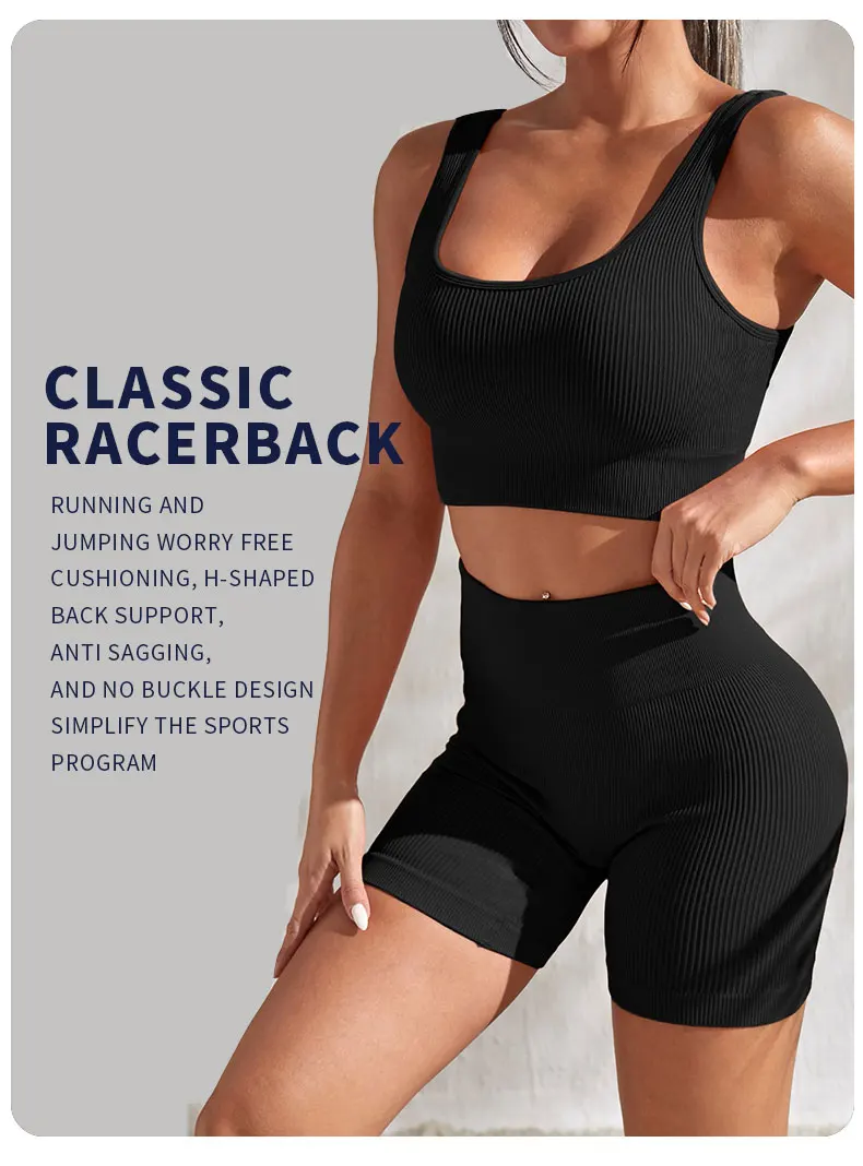 Seamless Ribbed Yoga Sets Workout Sets for Women 2 Pieces Gym Suits Ribbed Crop Tank High Waist Shorts Outfits Fitness Running - Image 8